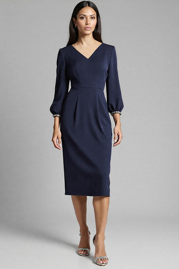 Navy V-Neck Sheath Midi Dress with 3/4 Sleeves